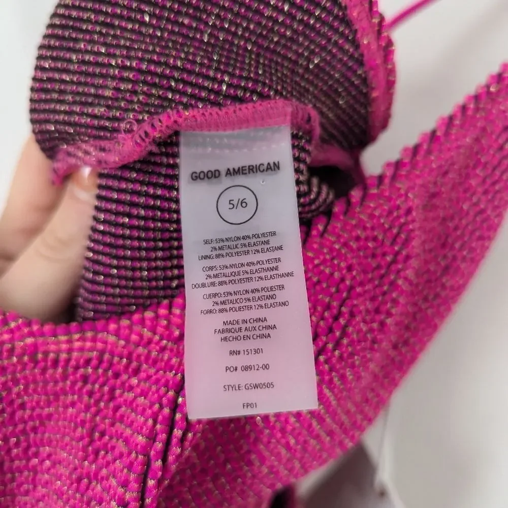 NWT Good American Fuchsia hot pink metallic scrunch Always Fits scoop one piece